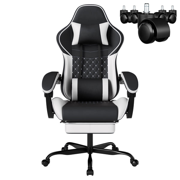 Ergonomic Video Gamer Chair with Massage Lumbar Support and Footrest - Black