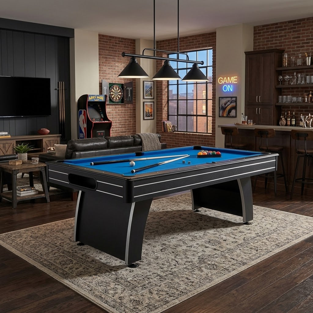 7 Ft Blue Top Pool Table with 2 Cues and Billiard Balls