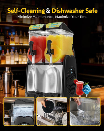 30L Commercial Slushie Machine, 2 Tank Margarita Machine, 80 Grande Cups Slushy Machine with Auto Clean, 8 Gal LED Frozen Drink Machine for Business, Mobile Bar, Party, Restaurant, 800W Fast Cooling