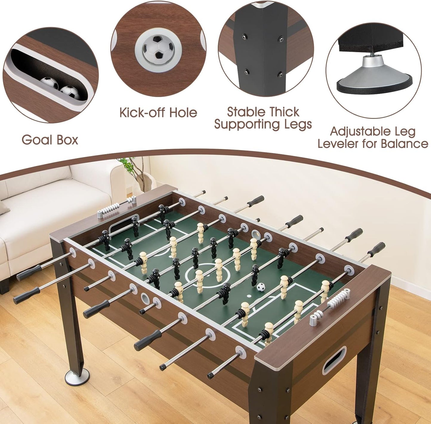 54" Foosball Table for Adults, Full Sized Game Tables with 2 Balls, Wood Arcade Soccer Table Game for Indoor Game Room Family Night