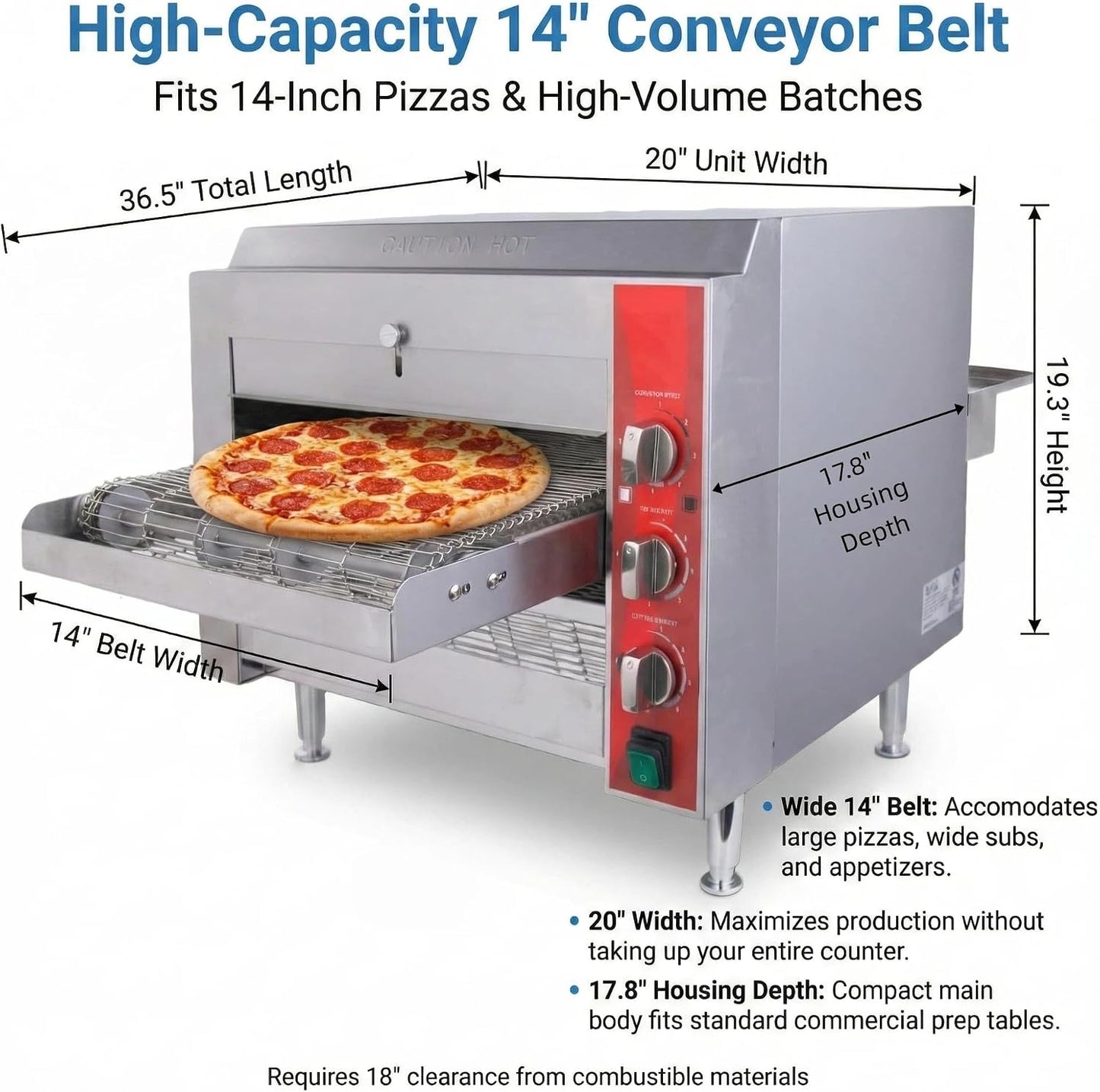 14" Commercial Conveyor Pizza Oven, 3600W 240V Countertop Electric Pizza Baker with 14-Inch Stainless Steel Belt, 6-20P Plug, High Efficiency Fast Baking for Restaurant, Snack Bar, Silver
