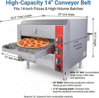 14" Commercial Conveyor Pizza Oven, 3600W 240V Countertop Electric Pizza Baker with 14-Inch Stainless Steel Belt, 6-20P Plug, High Efficiency Fast Baking for Restaurant, Snack Bar, Silver