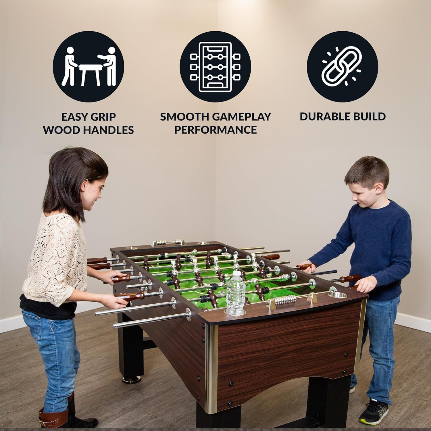 Primo 56-In Foosball Table for Family Game Room - with Counterbalanced Players, E-Z Spin Bearings, Analog Scoring Units, Easy-Grip Handles & Adjustable Leg Levelers - Wood Grain Finish