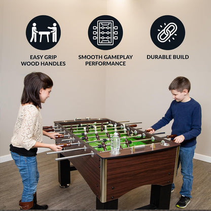 Primo 56-In Foosball Table for Family Game Room - with Counterbalanced Players, E-Z Spin Bearings, Analog Scoring Units, Easy-Grip Handles & Adjustable Leg Levelers - Wood Grain Finish