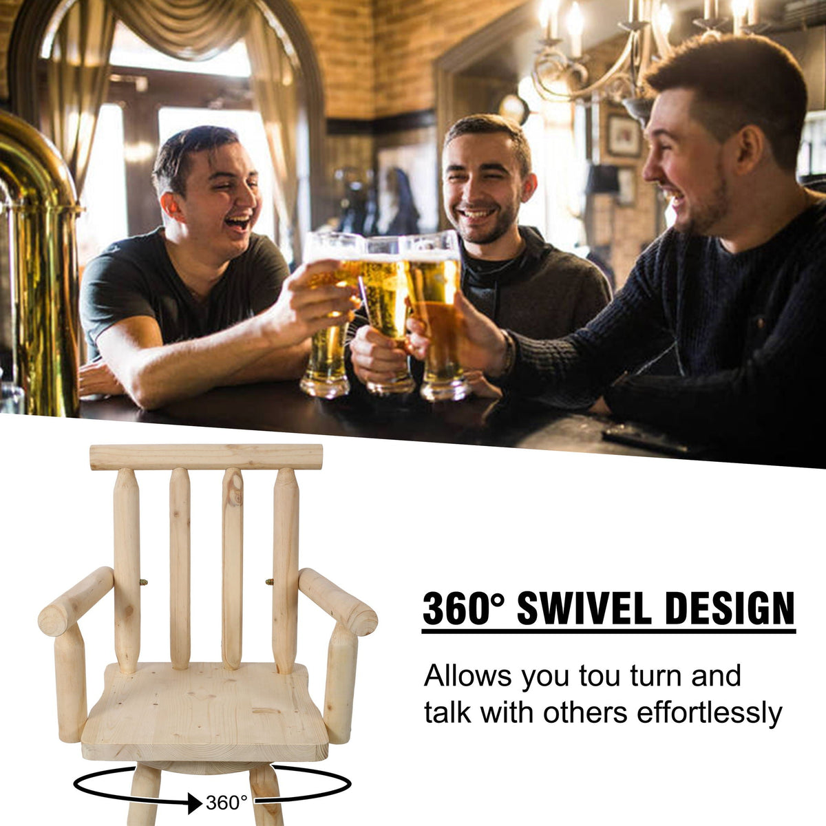 Rustic Bar Stool with Wide Armrest and 360° Swivel - Dark Brown or Light Brown