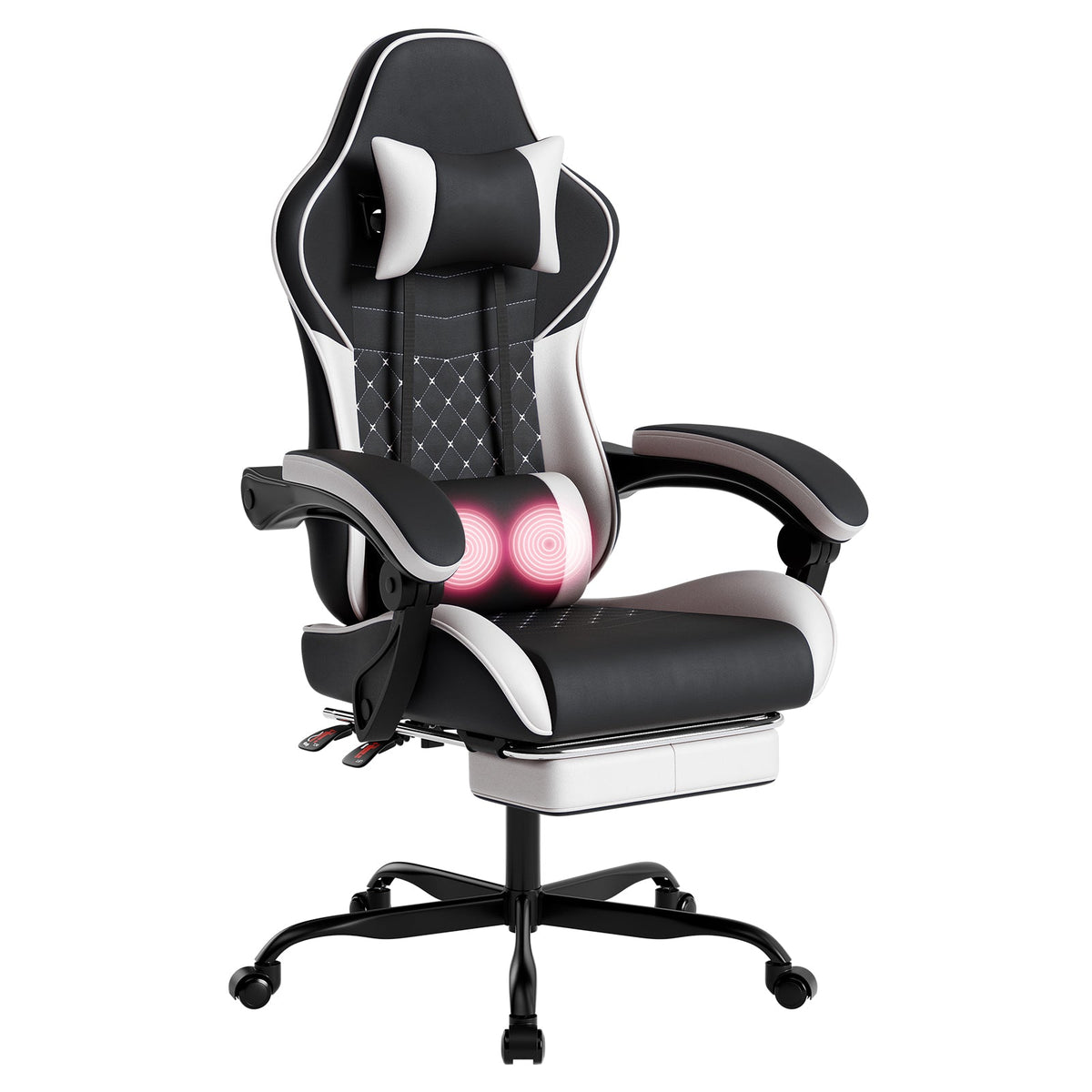 Ergonomic Video Gamer Chair with Massage Lumbar Support and Footrest - Black
