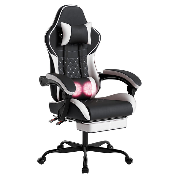 Ergonomic Video Gamer Chair with Massage Lumbar Support and Footrest - Black
