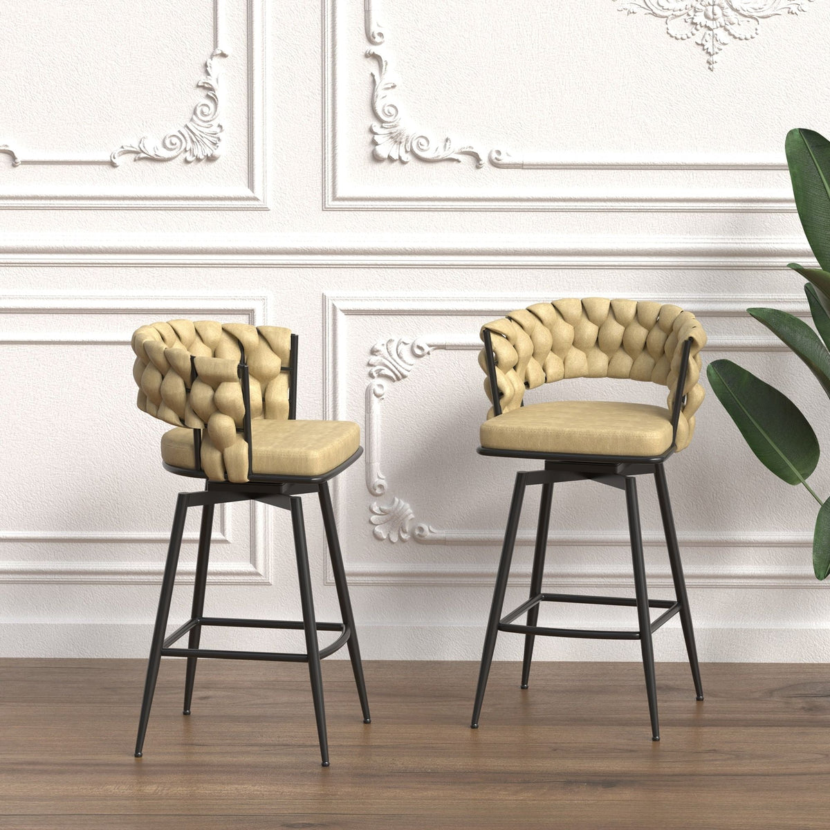 Bar Stool 360 Swivel with Back Footrest - Upholstered, Set of 2