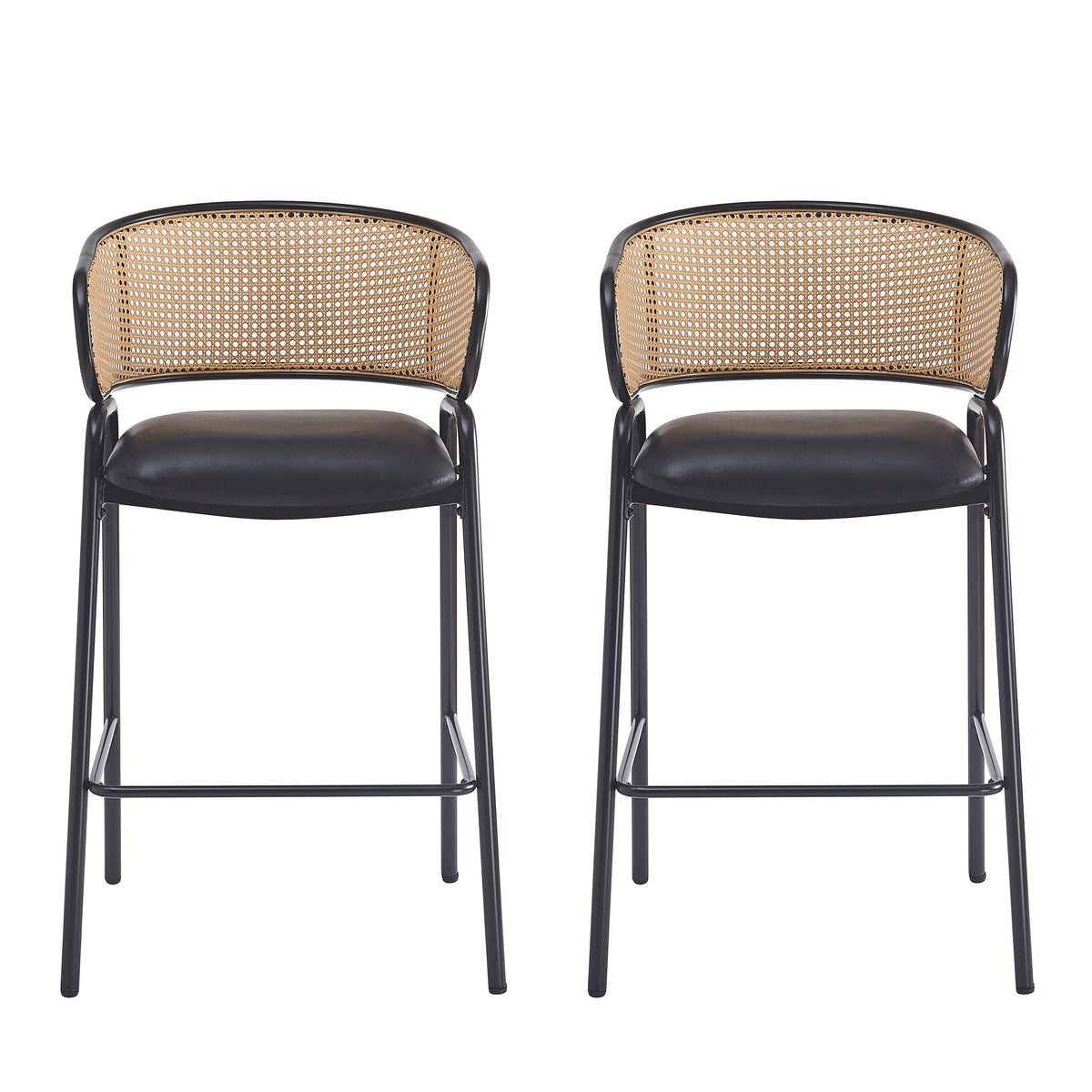 Ethan Indoor Metal Upholstered Barstool Set of 2 with Faux Leather & Rattan - Multi