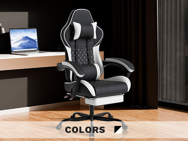 Ergonomic Video Gamer Chair with Massage Lumbar Support and Footrest - Black