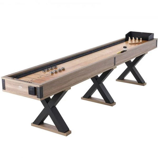 Ultimate 11.5 Ft Shuffleboard & Bowling Combo Game Set - Perfect for Family Game Rooms with Scratch-Resistant Playfield, 8 Pucks, Bowling Set, Wax & Table Brush Included!
