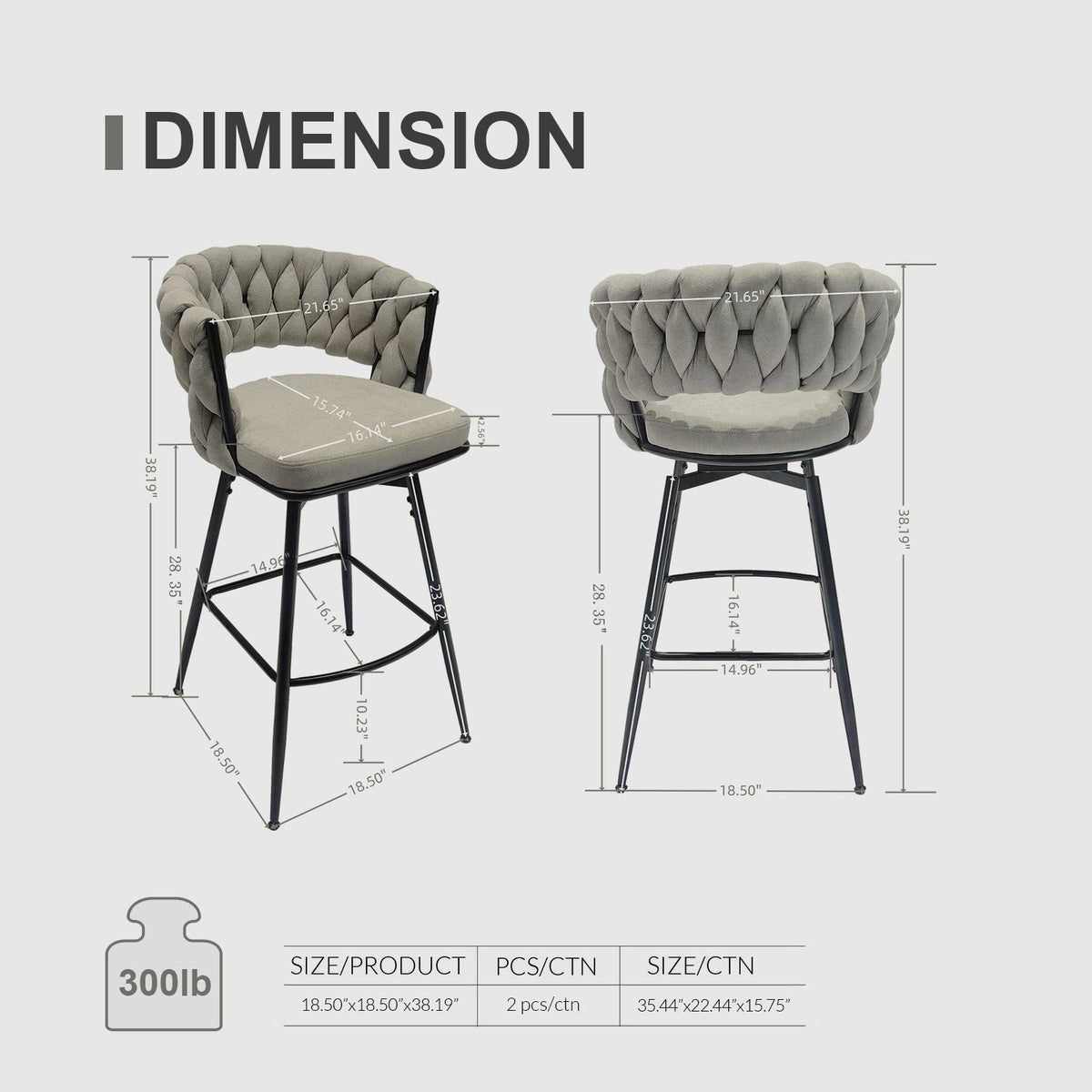 Bar Stool 360 Swivel with Back Footrest - Upholstered, Set of 2