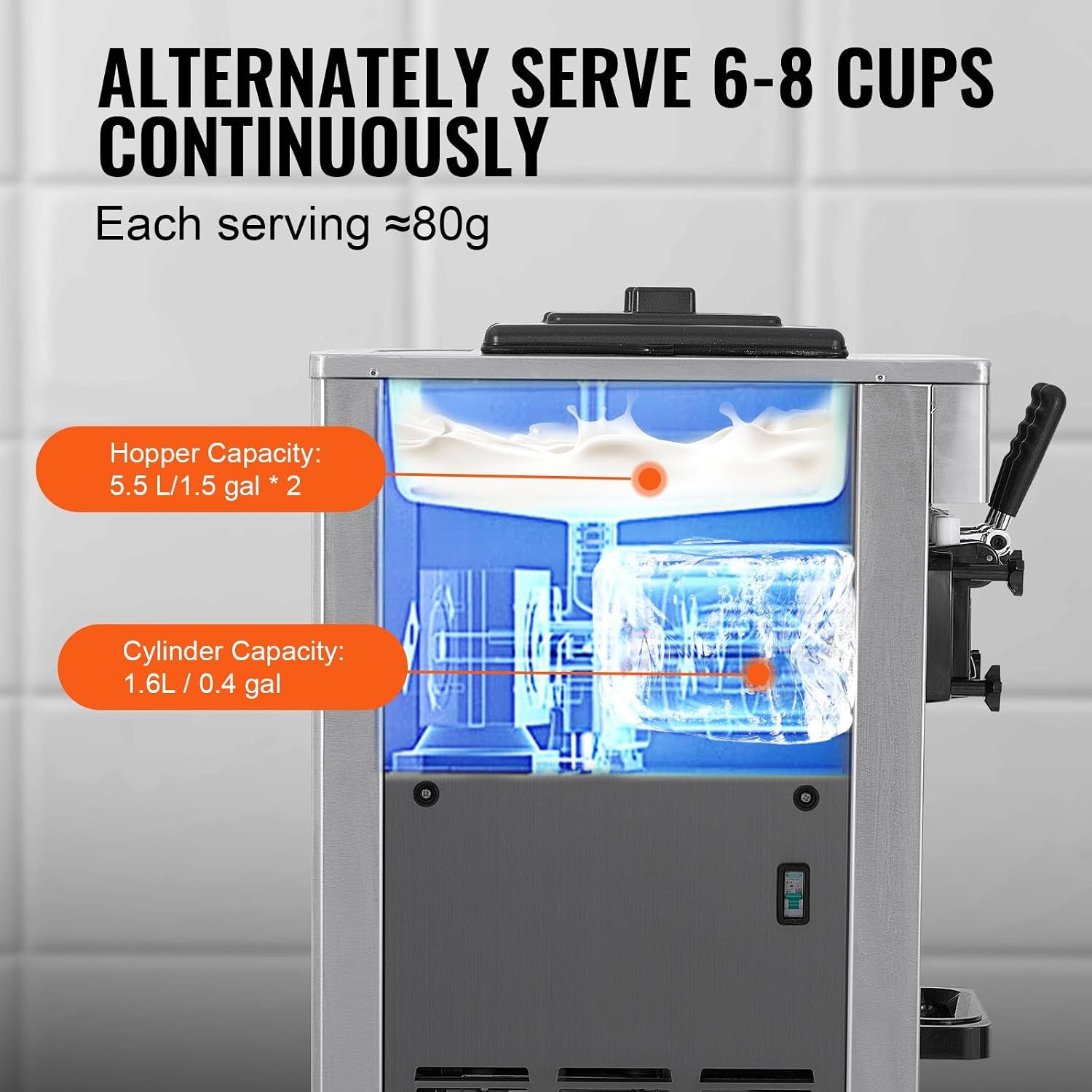 Commercial Ice Cream Machine, 21-31 L/H Yield, 1800W 3-Flavor Freestanding Soft Serve Ice Cream Maker, 2 X 5.5L Stainless Steel Cylinder, LED Panel Auto Clean Pre-Cooling, for Restaurant Bars