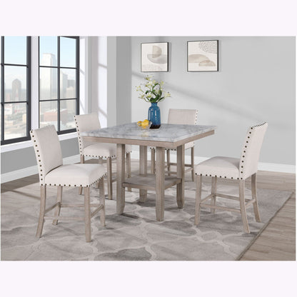 Natural Bar Table and Bar Stools Set with Marble Finish - 5 Piece