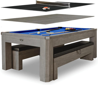 Newport 7 Foot Pool Table Combo – 3 in 1 Game Table with Reversable Table Tennis Top & Dining Top – Includes Game Accessories & Two Benches – Chrome Accents, Rustic Gray Finish, Blue Felt