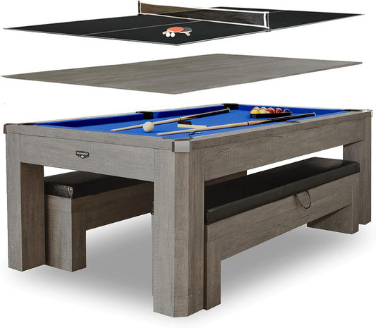 Newport 7 Foot Pool Table Combo – 3 in 1 Game Table with Reversable Table Tennis Top & Dining Top – Includes Game Accessories & Two Benches – Chrome Accents, Rustic Gray Finish, Blue Felt