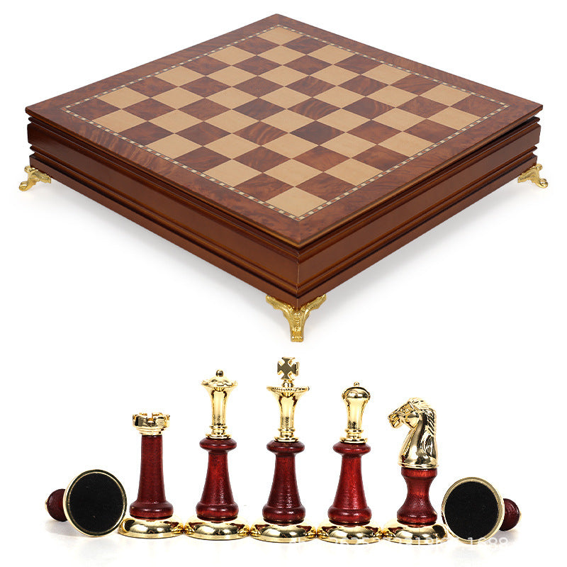 Luxury metal+solid wood tabletop for easy storage Chess set