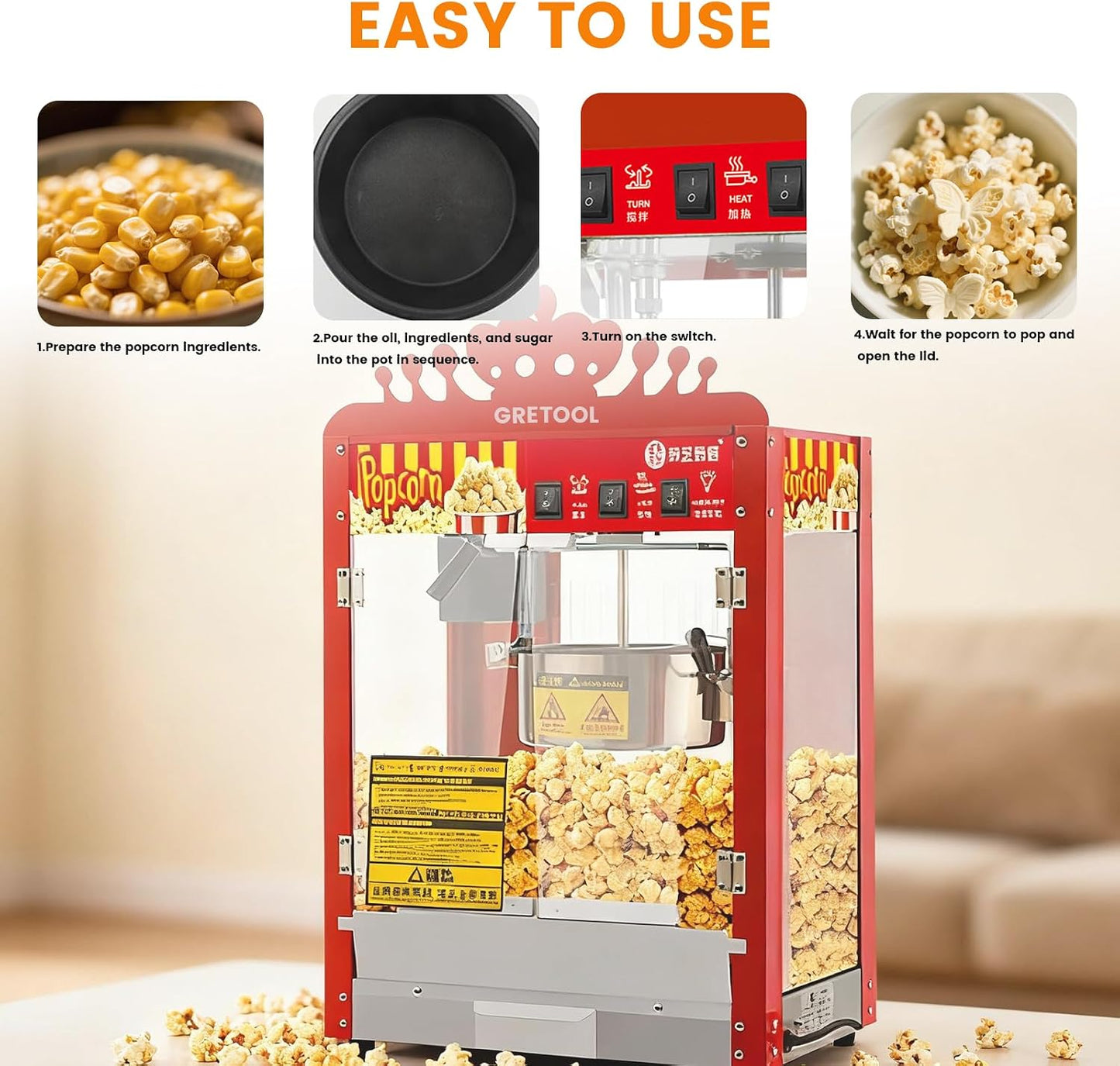 Crown Style,Commercial Popcorn Machine, 8 Ounce Kettle, 1400W, Theater Style, Family Style, with 3 Wwitch Controls, Steel Frame Tempered Glass Door, 1 Spoon, Red