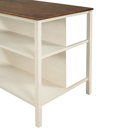 Rustic 3 Piece Stationary Kitchen Island Set with 2 Open Shelves - Light Brown