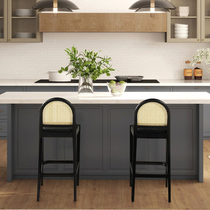 Curved Back Cane Bar Stools with Natural Cane Webbing - Black or White