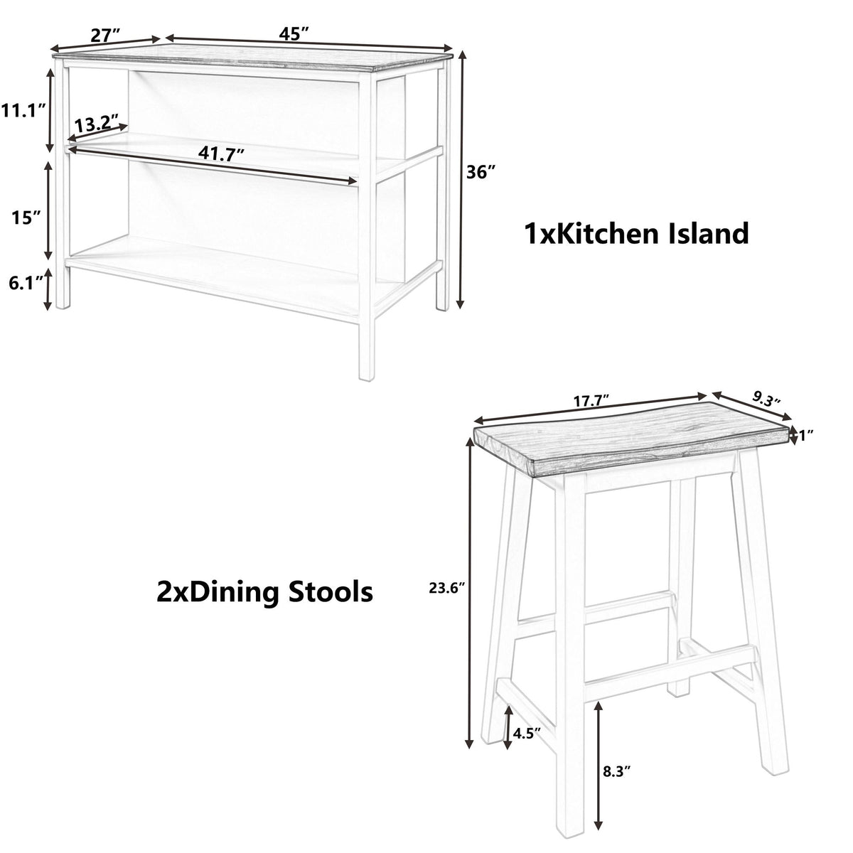 Rustic 3 Piece Stationary Kitchen Island Set with 2 Open Shelves - Light Brown