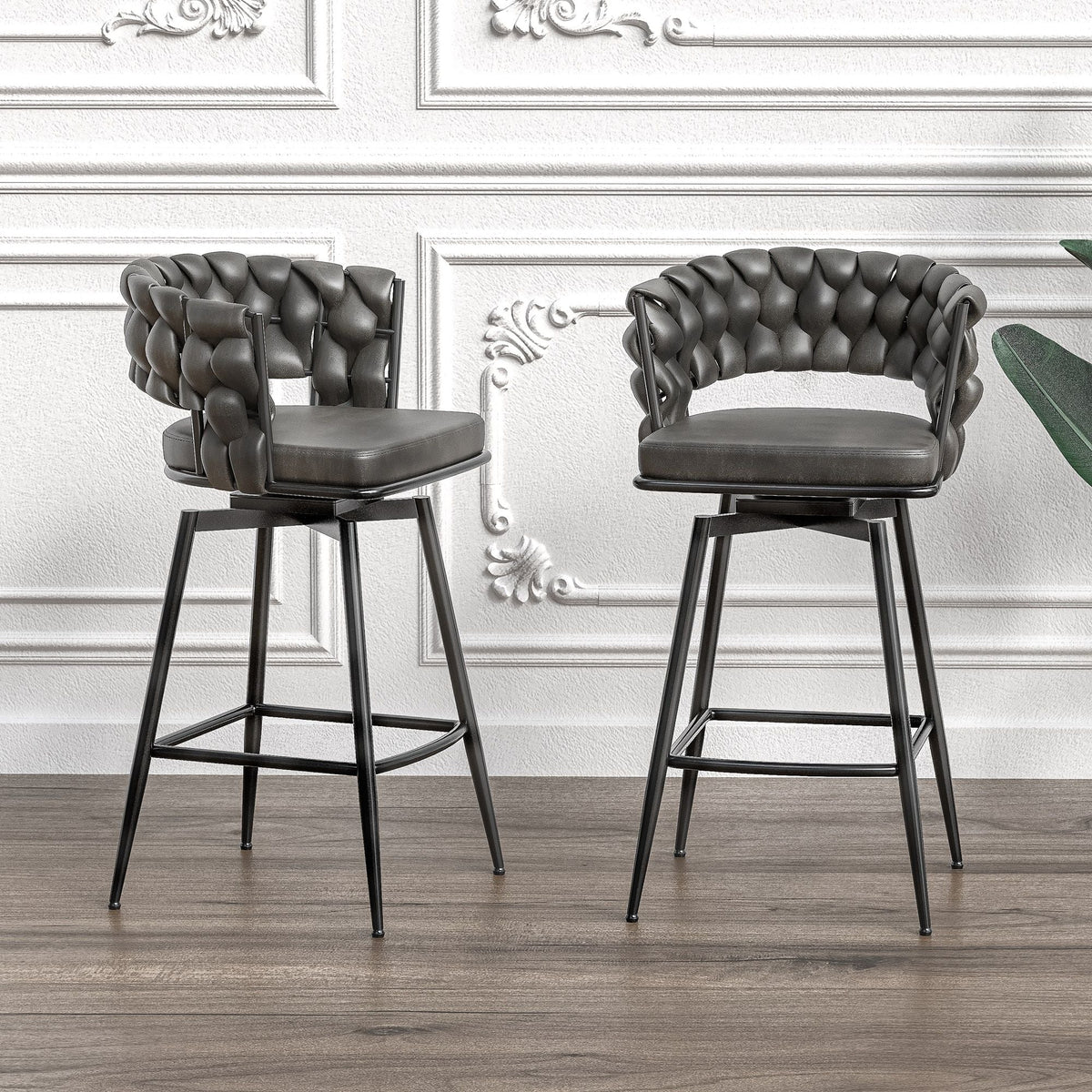 Bar Stool 360 Swivel with Back Footrest - Upholstered, Set of 2