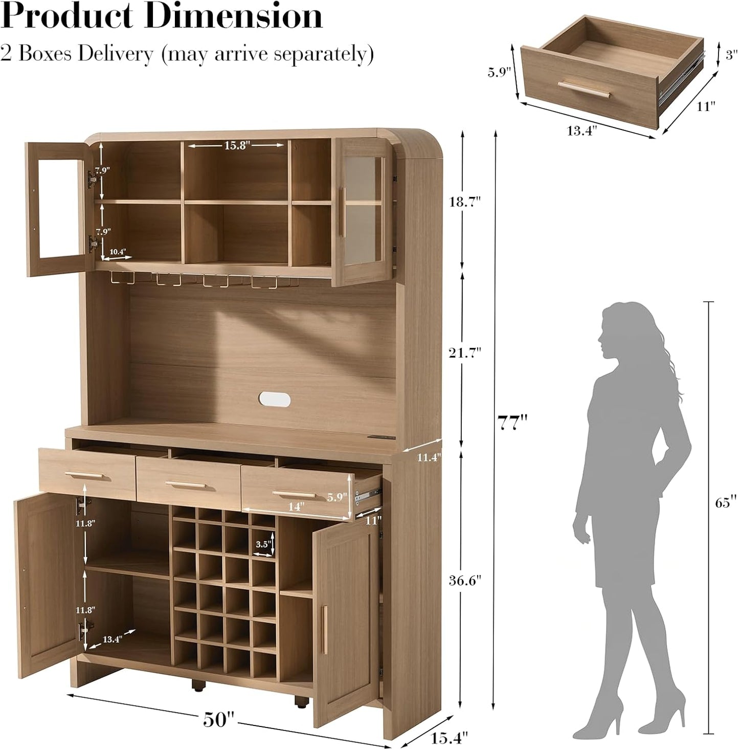 77" Tall Coffee Bar Cabinet with Storage and Wine Rack, Wine Cabinet for Dining Room Home with LED Lighting & Charging Station, Bar Cabinets for Kitchenwith Glass Holders, Oak