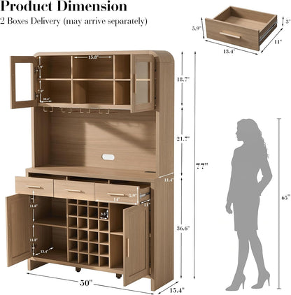 77" Tall Coffee Bar Cabinet with Storage and Wine Rack, Wine Cabinet for Dining Room Home with LED Lighting & Charging Station, Bar Cabinets for Kitchenwith Glass Holders, Oak