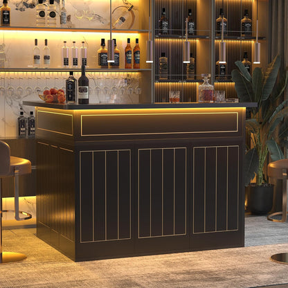 L-Shaped Home Bar Cabinet with Fridge Space, 4-Tier Corner Bar Cabinet with Glass Holder, Liquor Cabinet for Home with Led Lights, Power Outlets, Wine Cabinet for Living Room, Dining Room, Basement