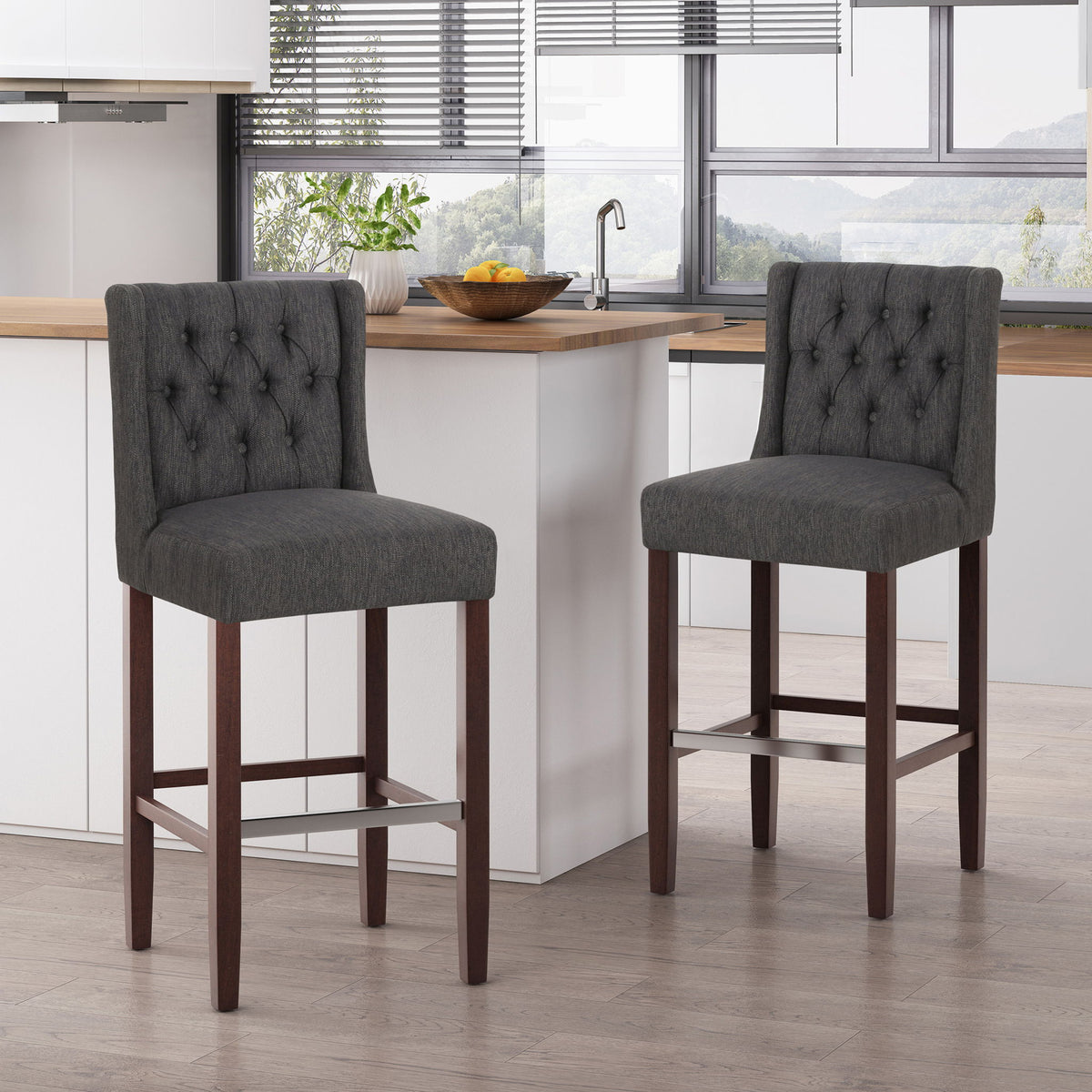 Upholstered Barstool with Button Tufted Wing Back - Multiple Colors