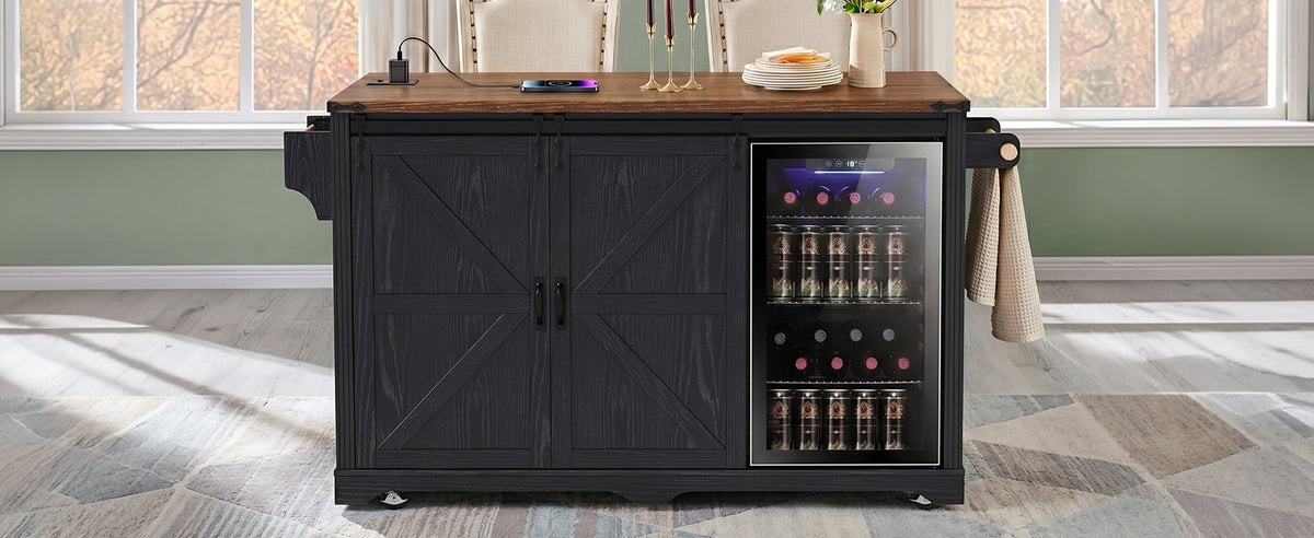 72" Farmhouse Kitchen Island with Fridge Storage & Power Outlet - Black