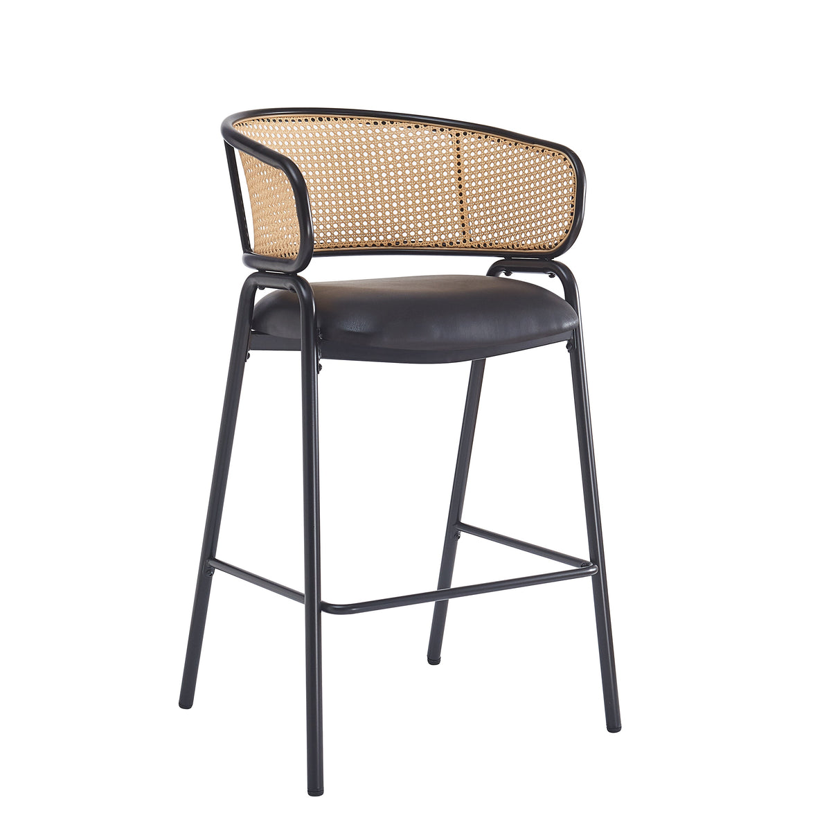 Ethan Indoor Metal Upholstered Barstool Set of 2 with Faux Leather & Rattan - Multi