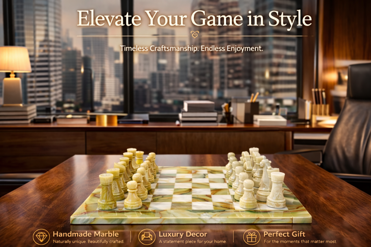 Green Onyx and White Marble Chess Set 15 Inches | Large Handcrafted Natural Stone