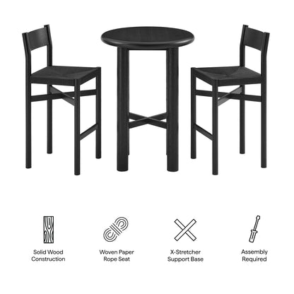 Alvia 3-Piece Round Oak Wood Bar Table With Bar Stools Set by Modway