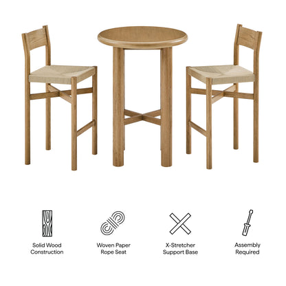 Alvia 3-Piece Round Oak Wood Bar Table With Bar Stools Set by Modway