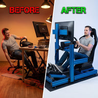 Factory Price Black Anodized Gaming Driving Sim Racing Rig Cockpit Aluminum Gaming Simulator with Single Triple Monitor Stand — Before & After