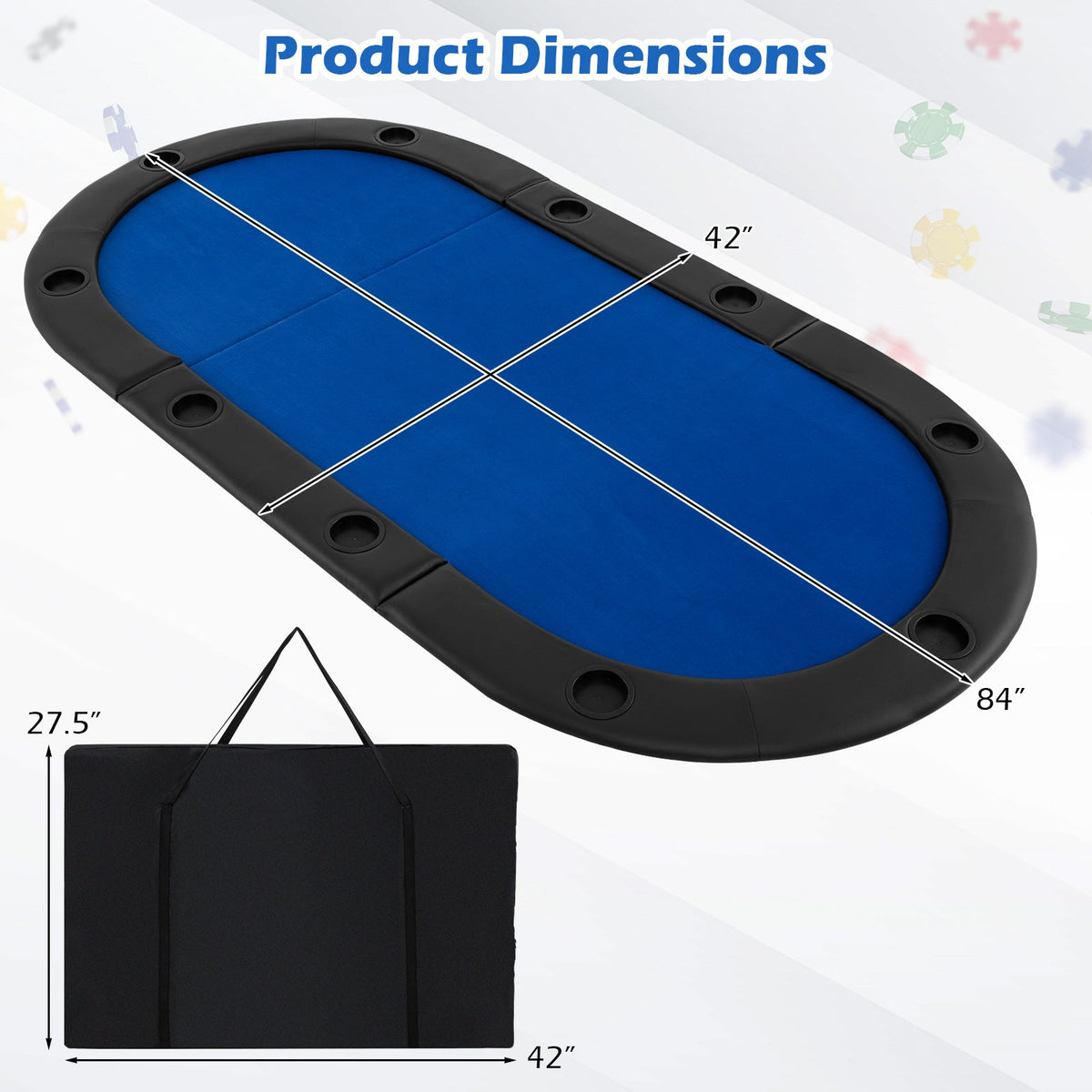 Portable 84 x 42 Inch 10-Player Foldable Padded Poker Table Top-Blue