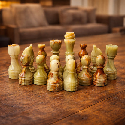 White Green Onyx Marble Chess Pieces for 12 to 16 Inches Board - Handmade (Pieces Only)