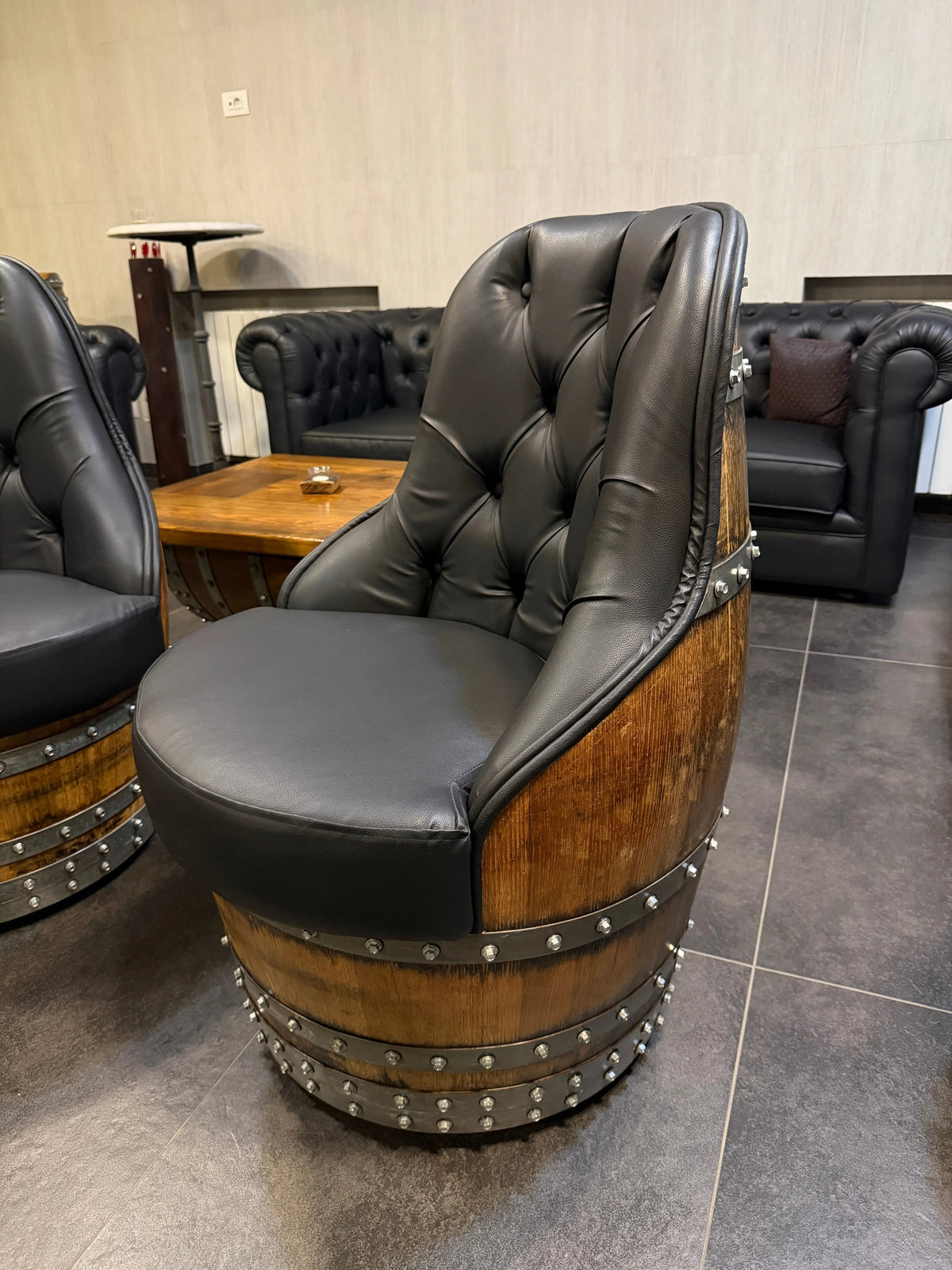 Luxury Whiskey & Wine Barrel Captain Chair — Memory Foam, Brown Upholstery