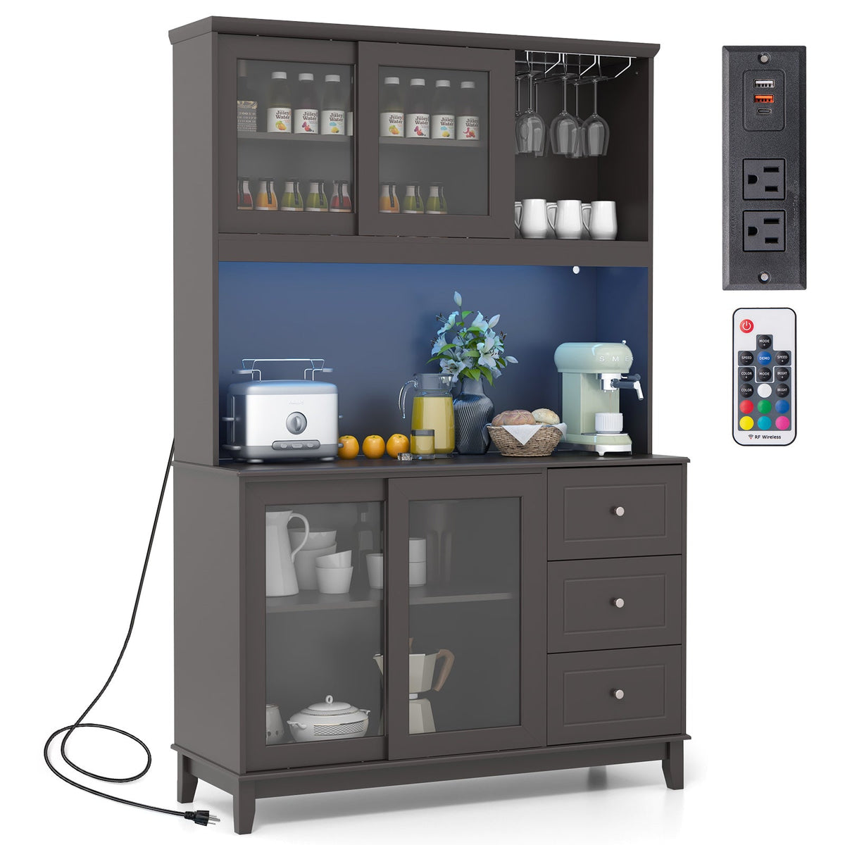 Kitchen Pantry Storage Cabinet Kitchen Hutch with LED lights and Power Outlet