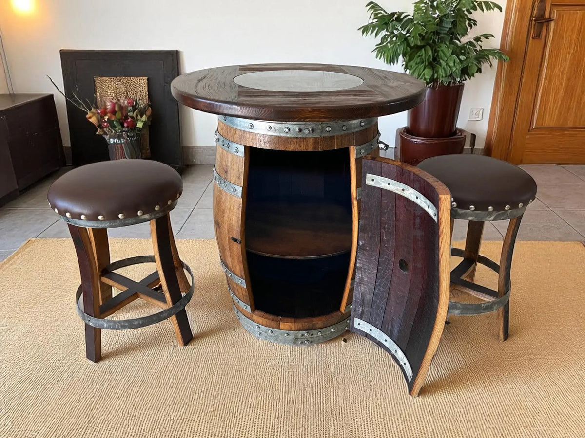 Whiskey & Wine Barrel Pub Set — 2 Stools, Counter Height, Cabinet Storage
