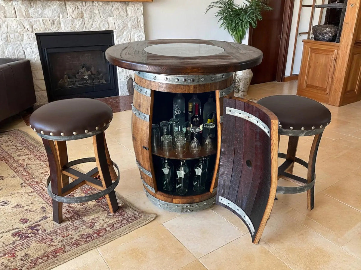 Multi-Use Whiskey & Wine Barrel Bar Set — Glass Top, Cabinet Storage