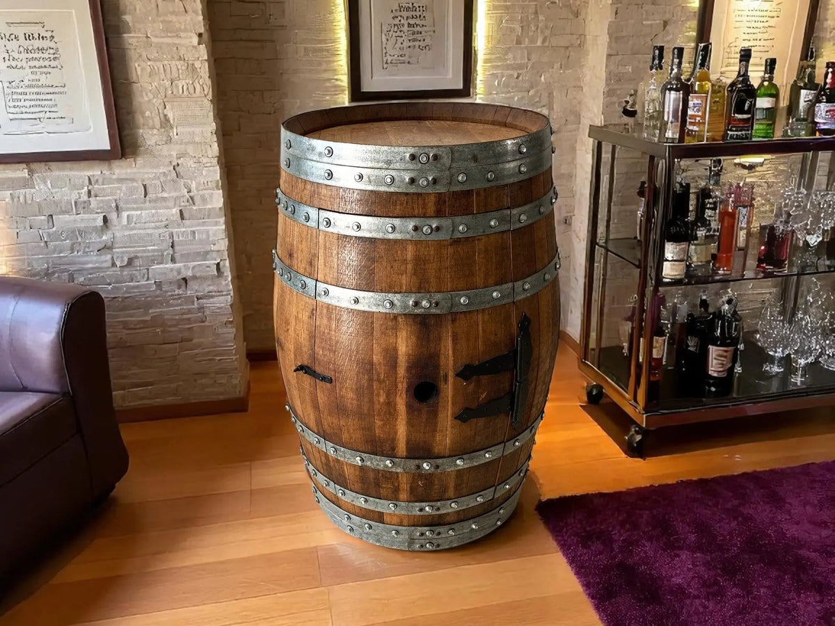 Multi-Use Whiskey & Wine Barrel Bar Set — Glass Top, Cabinet Storage