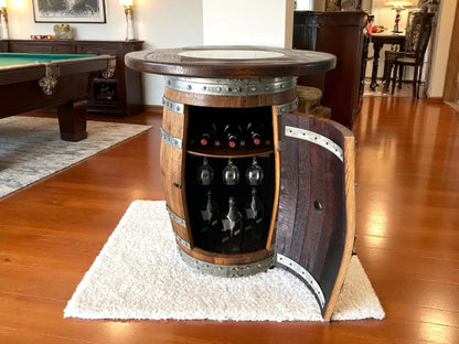 Whiskey & Wine Barrel Pub Set — 2 Stools, Counter Height, Cabinet Storage