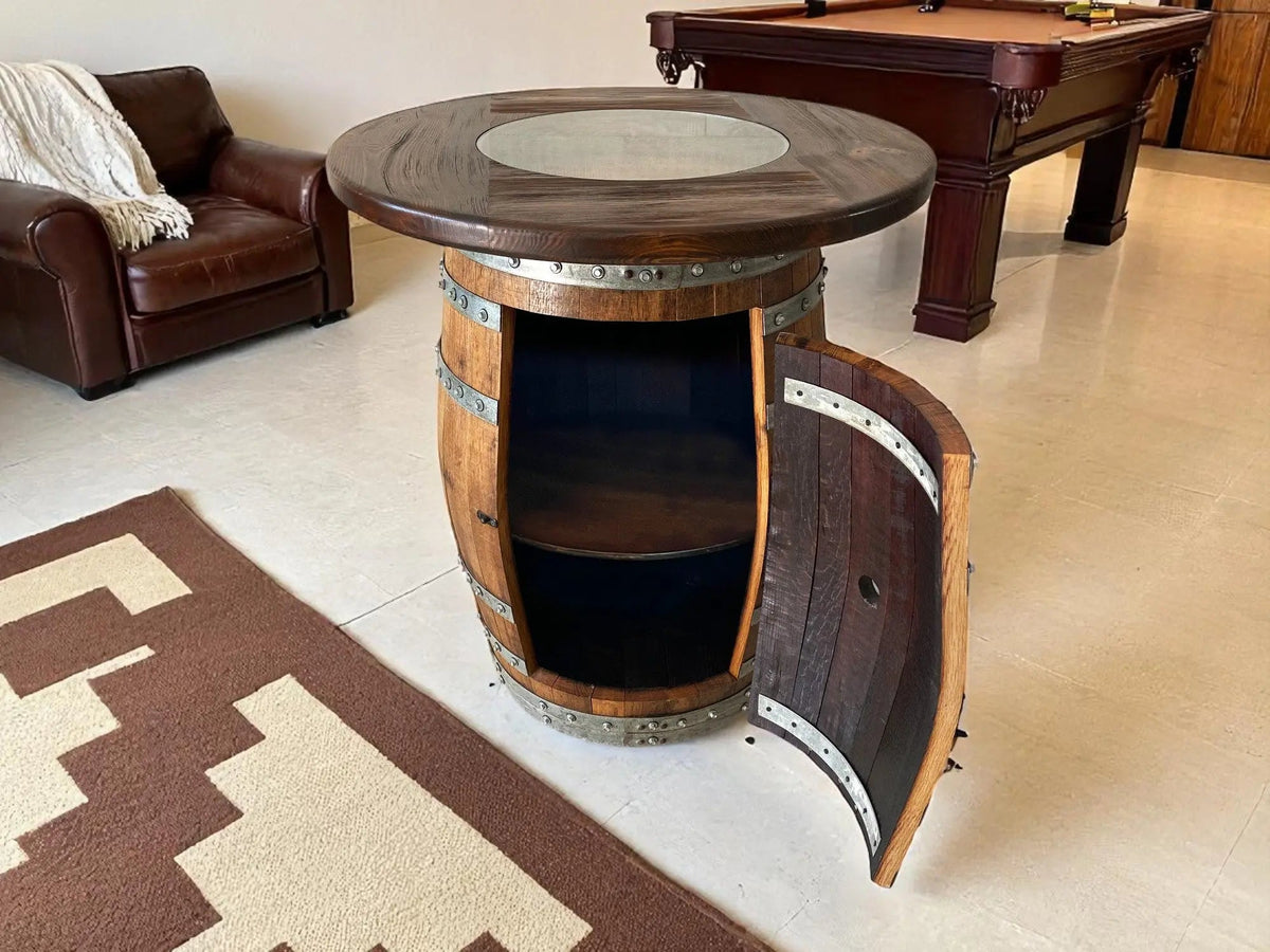 Whiskey & Wine Barrel Pub Set — 2 Stools, Counter Height, Cabinet Storage