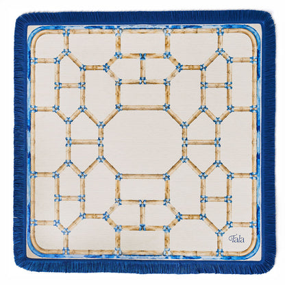 The Pavilion Mahjong Mat - Bamboo Neutral with Blue Fringe