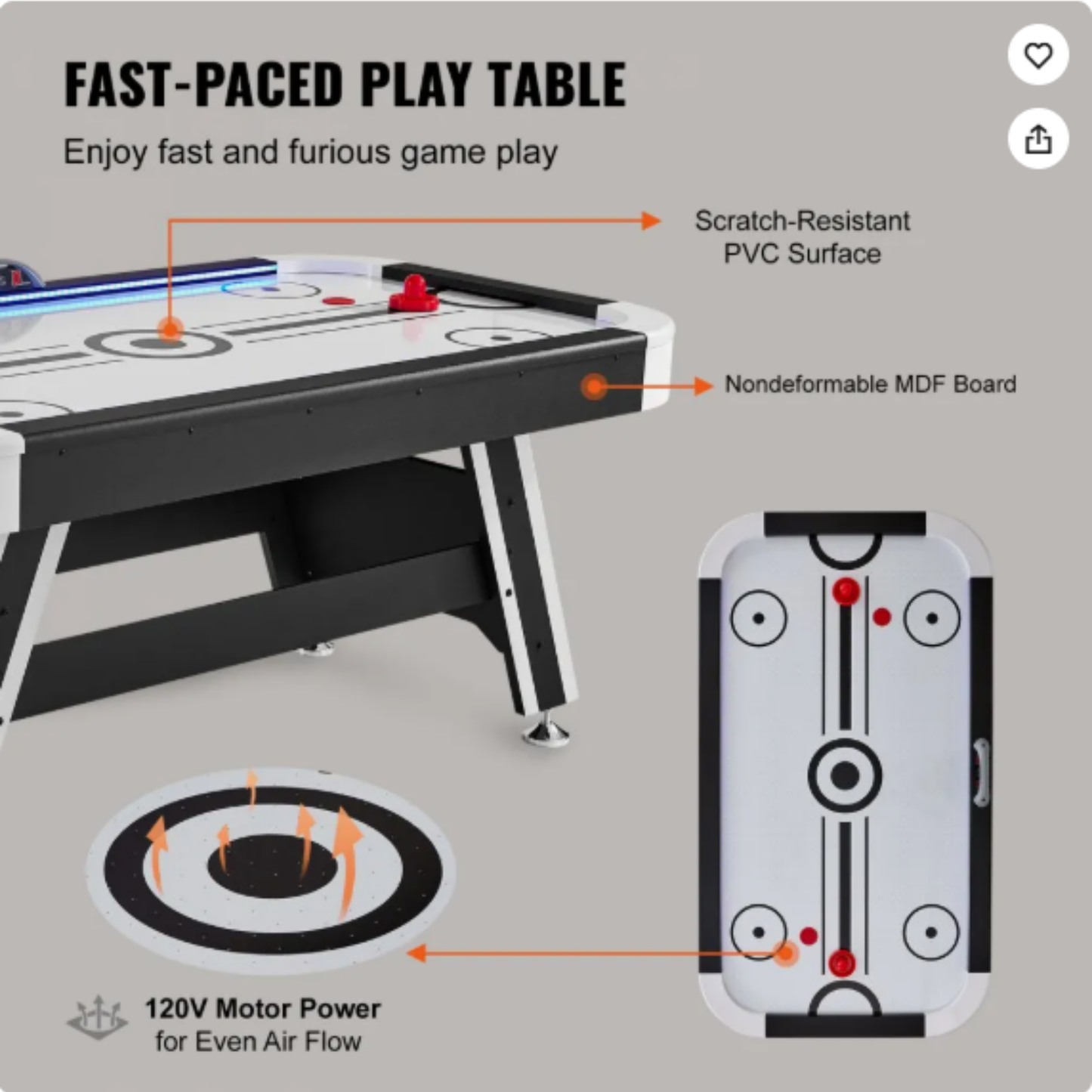 72" 4-Player Premium LED Air-Powered Hockey Table