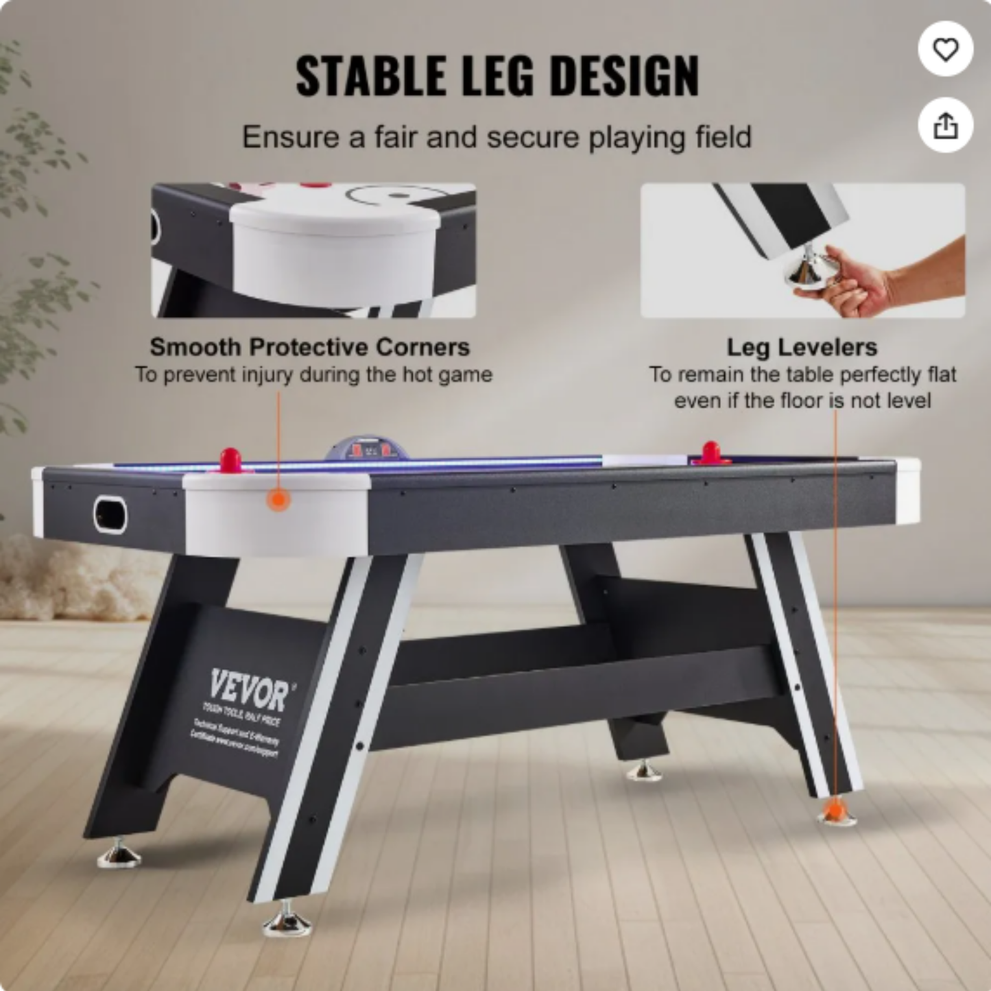 72" 4-Player Premium LED Air-Powered Hockey Table