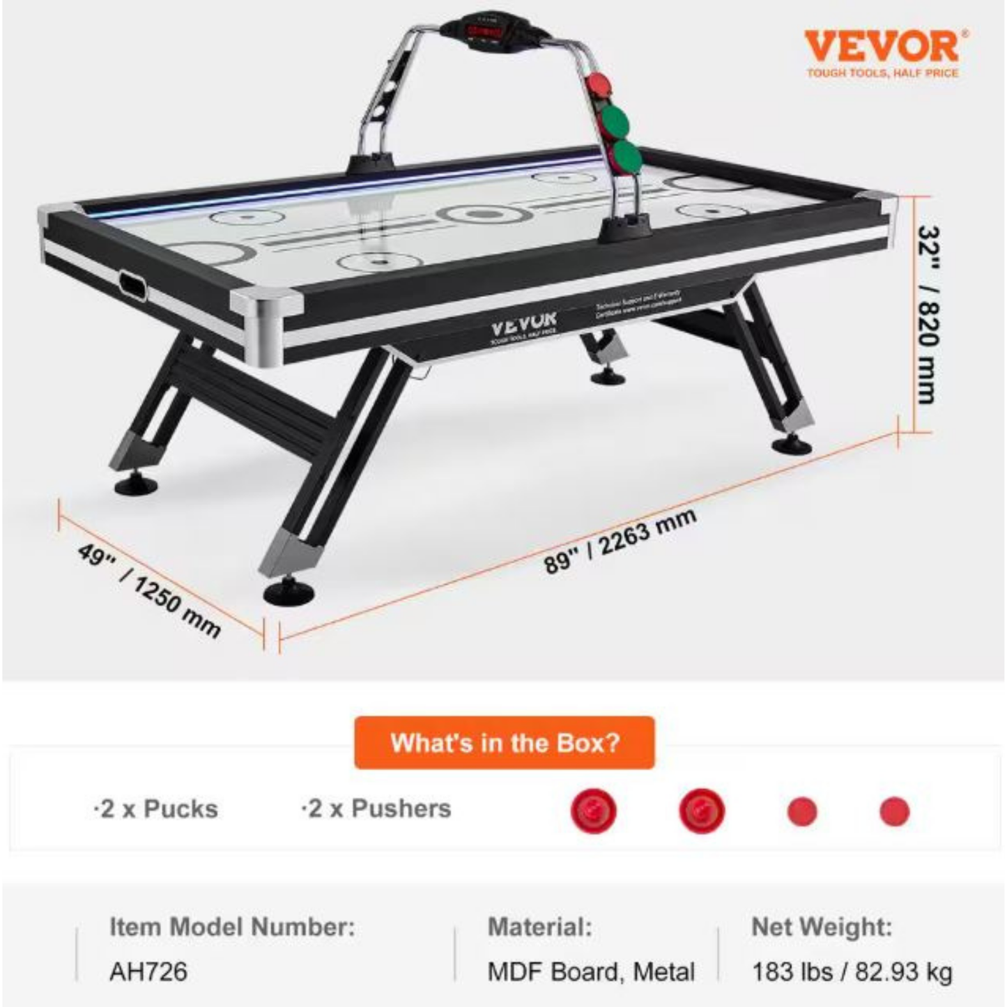 89" 4-Player Premium LED Air-Powered Hockey Table