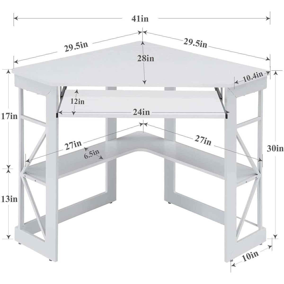 Corner Computer Desk with Keyboard Tray Storage Shelves in White